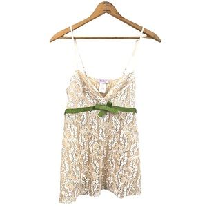 Vintage Lace Cami Semi-Sheer Dressy Top Spaghetti Strap Blouse Beige Green Large